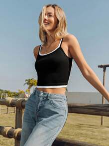 SHEIN LUNE Women Casual Contrast Strap Patchwork Camisole Top, Comfortable For Daily, Sports, Vacation, Elegant Wear - Black and White - View 6