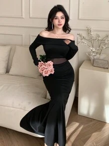 DAZY Đầm dài tay hở vai phối lưới chắp vá cho nữ, Đầm mùa thu - màu đen - Xem 2