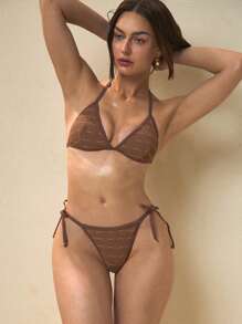 SHEIN Swim Women's 2 Pieces Bikini Swimwear,Brown Hollow Texture Fabric String Tie Design,Casual Summer Beach Vacation Holiday Chic European & American Style - Brown - View 5
