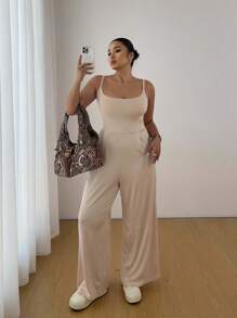 Flirla Women's Elastic Knit Spaghetti Strap Backless Wide Leg Pants - Apricot - View 6