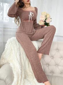 2pcs Women Lace Patchwork Square Neck Sleepwear Pajama Set , Fall Winter Clothes - Dusty Pink - View 6