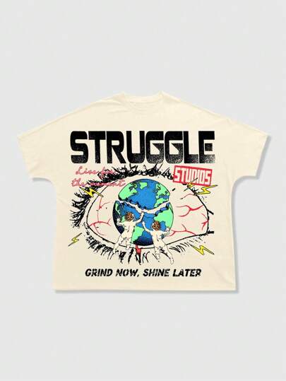 Street Life Camiseta de manga corta de cuello redondo con estampado de eslogan casual para hombres