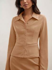 COSMINA 2pcs Women Simple Elegant Casual Solid Color Long Sleeve Set - Brown - View 4
