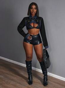 Slaydiva Women's Long Sleeve Contrast Color Single-Breasted Cropped Casual Denim Jacket - Multicolor - View 6
