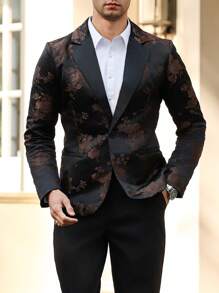 Manfinity Mode Men's Floral Jacquard Lapel Neck Jacket And Trousers Suit, Flowered Men Blazer