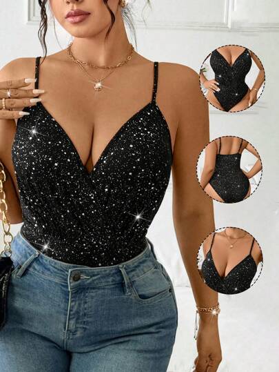 Cravure Plus Size Dam metallisk folierem Crosscross midja smickrande bodysuit