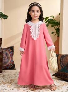 Young Girl Solid Color Patchwork V-Neck Long Sleeve Simple Casual Dress - Pink - View 3