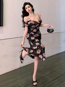 DAZY 女士花卉荷叶边连衣裙 舞会礼服 优雅女士复活节礼服 - 黑色 - 查看 8