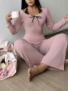Valentine's Day 2pcs Lace Trim Tie-Up Sweet Y2K Style Women Pajama Set