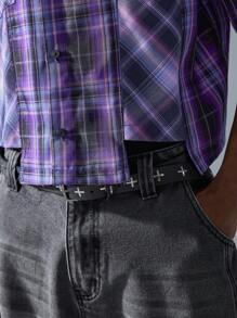 NEON BLANC 男士街头风格编织紫色和黑色格子短袖衬衫，学校，街头风格 - 紫色 - 查看 6