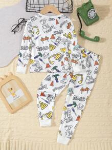 SHEIN Young Boy Cool Luminous Car Print Long Sleeve Snug Fit Pajamas Set - White - View 2