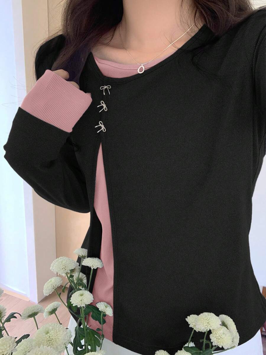DAZY Women's Contrast Color Long Sleeve 2 In 1 Oblique Placket Round Neck Butterfly T-Shirt,Fall Clothes - Black - View 1