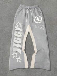 Manfinity EMRG Men's Color Block Letter Graphic Drawstring Waist Sweatpants, For Rave - Light Grey - View 1