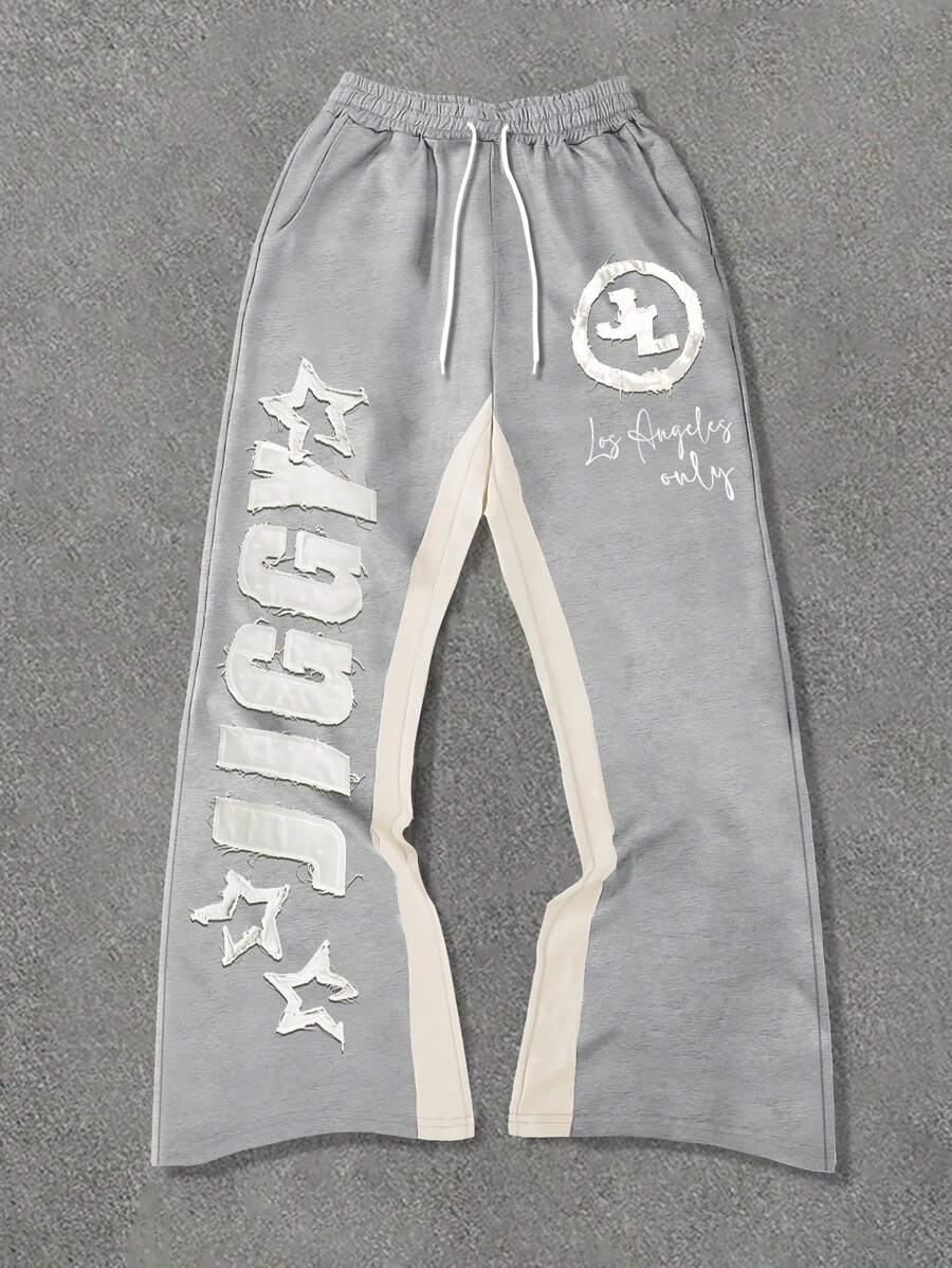 Manfinity EMRG Men's Color Block Letter Graphic Drawstring Waist Sweatpants, For Rave - Light Grey - View 1