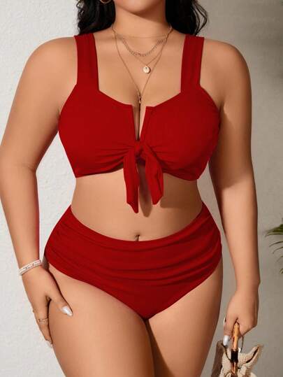SHEIN Swim Curve Conjunto de ropa de playa informal de 2 piezas en talla grande para mujer, con estilo separado, para vacaciones de verano