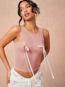 L'Amorae 女士春夏蝴蝶结装饰圆领修身背心 - 粉色 - 查看 1