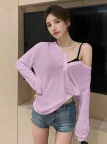 DAZY 1 件女式纯色长袖 T 恤，简约时尚休闲风格，适合日常穿着，返校服装 - 紫色 - 查看 3