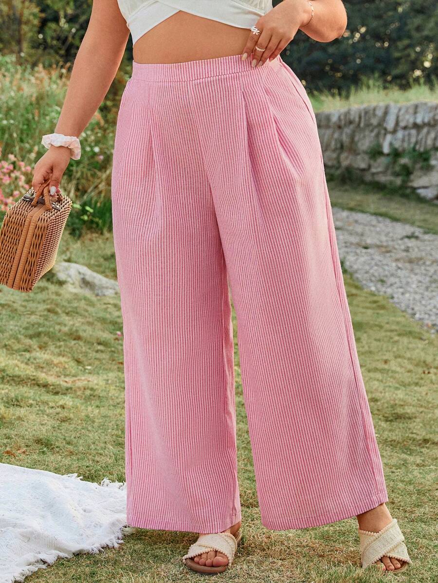 SHEIN VCAY Plus Size Women Pleated Pink & White Striped Loose Pants Summer Beach For Woman Graduation Brunch For Women St Patrick Spring Break Rave Festival Elegant Vacation Woman Casual Western Cute Boho Beach Spring Brunch For Women Old Money Tropical Vacation Woman Pants