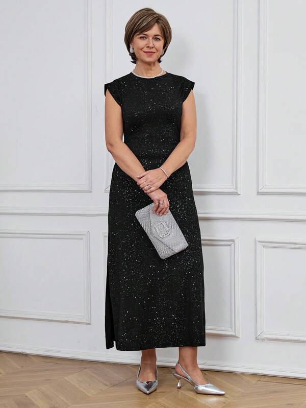 Miaspire Rochie lunga din material paiete eleganta, cu buzunare laterale si cu fanta inalta, potrivita pentru petreceri si ocazii, primavara/vara