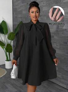 Maweii 大码优雅纯色长袖蝴蝶结领口连衣裙，春季/秋季 - 黑色 - 查看 1