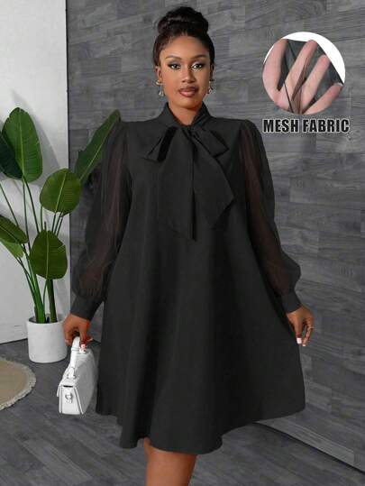 Maweii Plus Size Elegant Solid Color Long Sleeve Bow Tie Neck Dress, Spring/Fall