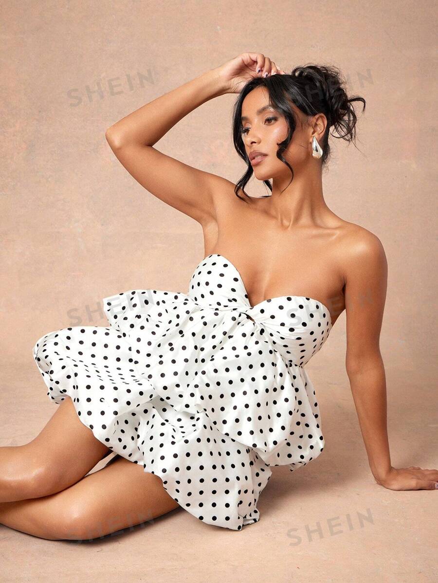 L'Amorae Minivestido con busto recogido a lunares y doble volumen