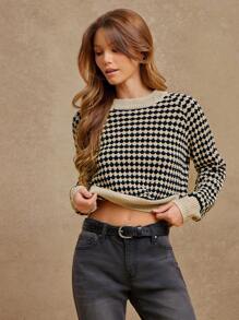 WESTFADE Summer Two Tone Colorblock Geo Pattern Crewneck Long Sleeve Sweater Western Wear Women