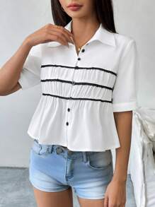 Chiquease Blusa holgada de manga corta con volantes y encaje contrastante para mujer - Blanco - Ver 1