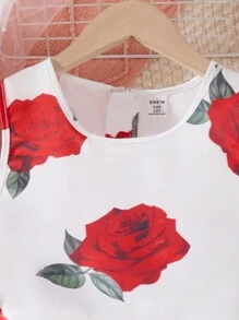 Tween Mädchen Sommer Neue Rose Blume Drucken Geraffte Taille Ärmelloses Kleid - Rot - Übersicht 3