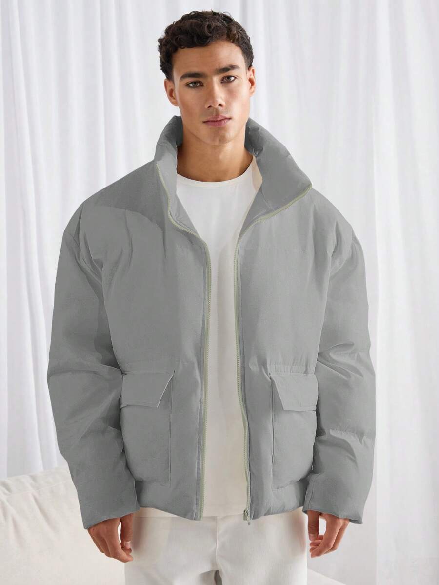 Manfinity VCAY Men's Long Sleeve Loose Fit Stand Collar Padded Coat, Casual For Daily Wear, Winter - Grey - View 1