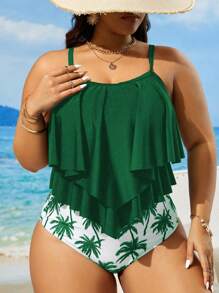 Swim Lushoire 2pcs Plus Size Women Strap High Waist Tankini Bikini Set, For Summer Beach Vacation - Green - View 3