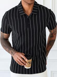 Manfinity Homme Men's Front Button Short Sleeve Striped Casual Polo Shirt - Black - View 5