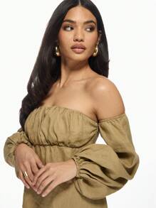 MISSGUIDED Linen Bardot Puff Sleeve Midi Dress With High Side Split Empire Waist Summer Beach Resort Evening Wear Milkmaid Style - Khaki - View 5