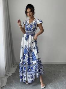 Chiquease V-Neck Floral Print Waisted Split Flare Dress For Vacation - Blue - View 6