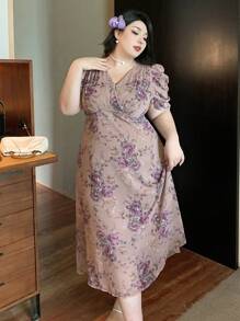Dazy Plus Plus Size Purple Ditsy Floral V-Neck Puff Sleeve Dress, Soft And Romantic, Holiday & Beach Style, Spring/Summer Sundress