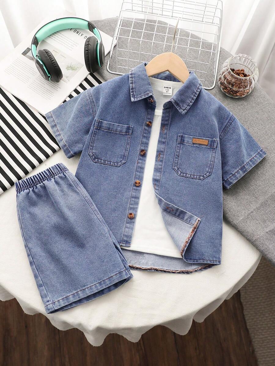 SHEIN Explorewe Bộ 3 trang phục mùa hè phong cách Mỹ cổ điển cho bé trai: Áo sơ mi denim thiết kế rộng rãi + Áo phông trắng + Quần short denim thường ngày - Màu xanh lam - Xem 1