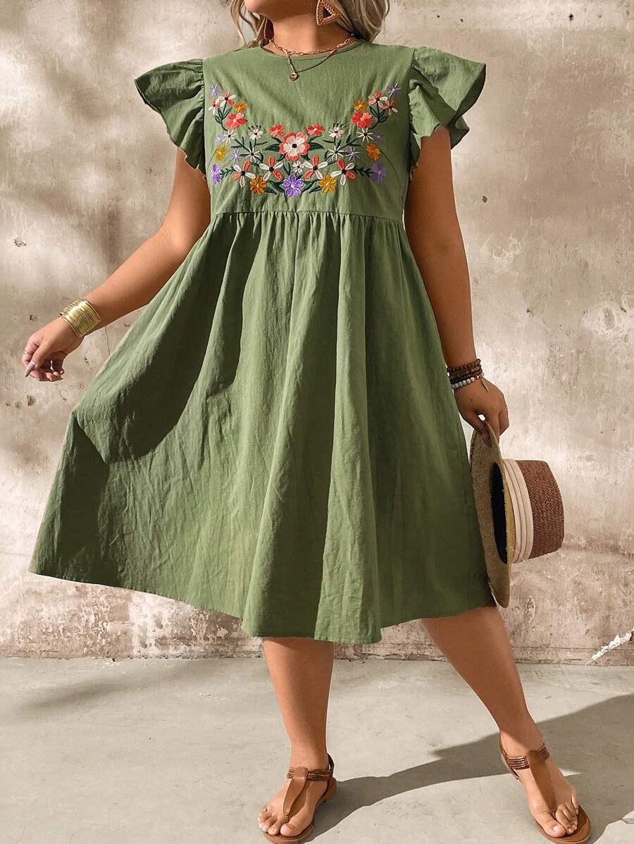 SHEIN Plus Size Cotton Embroidered Casual Vacation Short Dress, Spring And Summer - Green - View 1