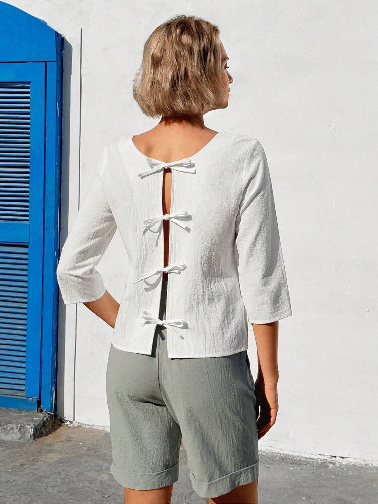 Women's Solid Color Back Tie Simple Round Neck Blouse, Casual For Daily Wear