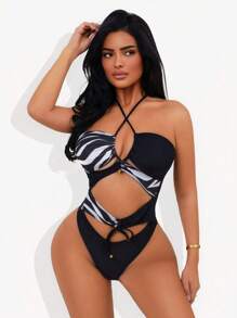 Swim SXY 夏季女士黑色斑马纹交叉带连体性感泳衣