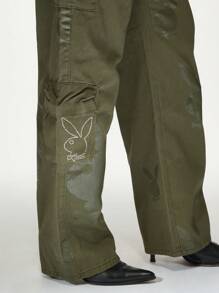 Missguided x Playboy Military Cargo Pants Loose Fit Wide Leg Combat Trousers Streetwear Utility Festival Y2K Fashion Autumn Winter - Green - View 3