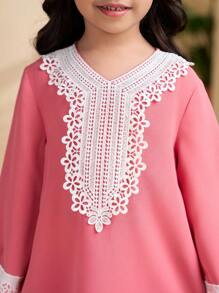 Young Girl Solid Color Patchwork V-Neck Long Sleeve Simple Casual Dress - Pink - View 4