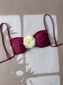 SHEIN Swim Springbreak 2025 Women Solid Floral 3D Strap Swimwear Top - Burgundy - View 1