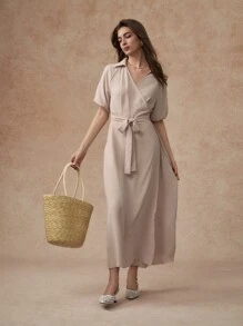 Écloséra Vestido largo informal de mujer de manga corta y unicolor con detalle de lazo - Albaricoque - Ver 4