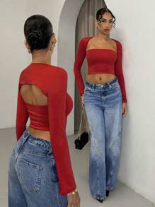 Glamine 2 Pieces Sets Red Color Cut Out  Long Sleeve Crop Top,Going Out T-Shirt,Basic Top,Date Night Outfits,Rave Outfits Festival,Valentine's Day T-Shirt