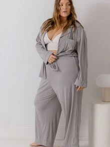 Aralina Curve Soft Jersey Relaxed-Fit Button Up Shirt And Wide-Leg Pants Lounge Set With Scrunchie