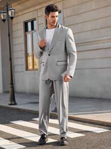 Manfinity RelaxMax 男士前扣开合长袖上衣和长裤正装西装套装 - 灰色 - 查看 1