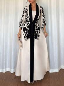 Breezaya 女士优雅复古印花喇叭袖连衣裙（附抹胸）2 件套 - 杏色 - 查看 7