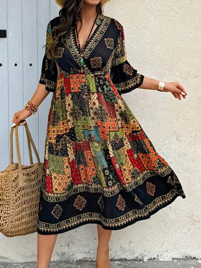 Nubod Plus Size Kvinnor Boho Blommönster V-Neck Flare Sleeve Klänning för semester, för sommar