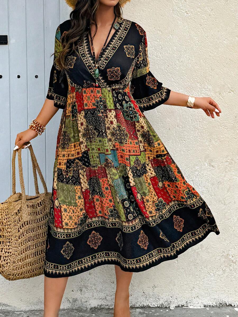 Plus Size Women Boho Floral Print V-Neck Flare Sleeve Dress For Vacation, For Summer - Multicolor - View 1