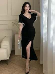 DAZY Women's Solid Color Patchwork Short Sleeve Simple Split Midi Dress Sundress - Black - View 1